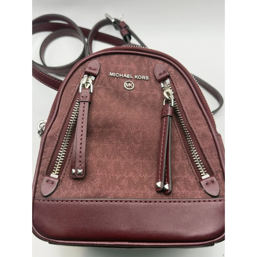 Michael Kors Rhea Extra Small MK Logo Backpack Merlot Burgundy Convertible Bag